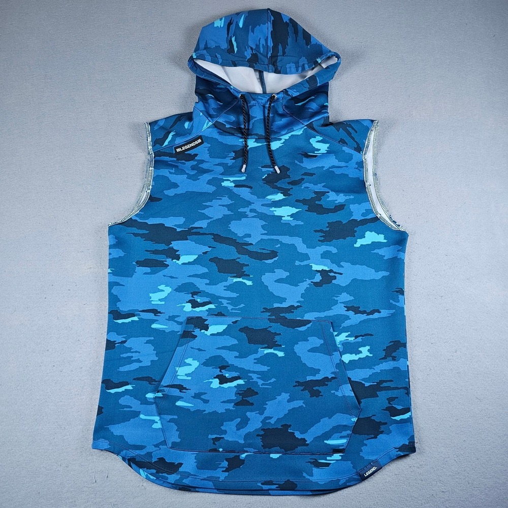 Legends Sleeveless Hoodie Mens Large Blue Camo Pullover Gym Workout Training